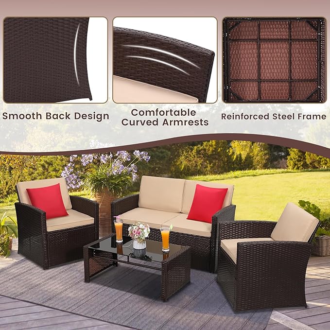 KROFEM 4-Piece Patio Furniture Set, Wicker Outdoor Rattan Sectional Sofa with Cushions and Glass Table, All-Weather Outdoor Conversation Set, Ideal for Garden, Porch, Backyard, Beige