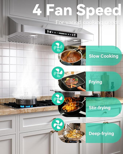 30 inch Stainless Steel Under Cabinet Range Hood - 900 CFM, Gesture Control, Ultra-Quiet 4-Speed Vent, LED Lights, External Venting