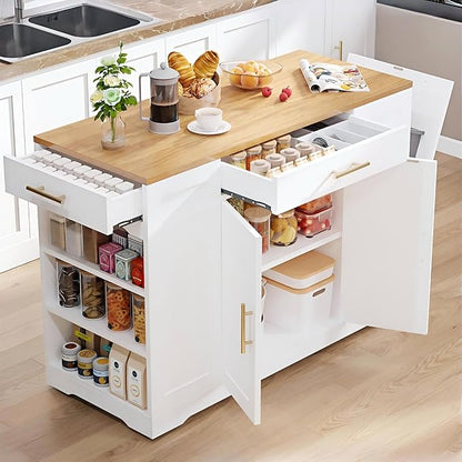 YITAHOME 53 inch Large Rolling Kitchen Island with Trash Can Storage Cabinet, Portable Mobile Islands Table Long Floating Movable w Wheels Cabinet for 13 Gallon Garbage Bin 2 Drawer, White Oak