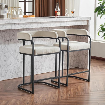 Modern Chenille Bar Stools Set of 2, Upholstered Counter Height Chairs with Metal e Armrests, Soft Chenille Fabric Bar Chairs for Kitchen Island, Dining Room, Home Bar,White