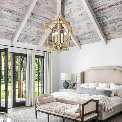 Farmhouse Chandelier 4-Light, Gold Pendant Light Fixture for Kitchen Island Dining Room, Lantern Industrial Lighting Ceiling Hanging with Metal Cage Adjustable Height for Entryway Foyer