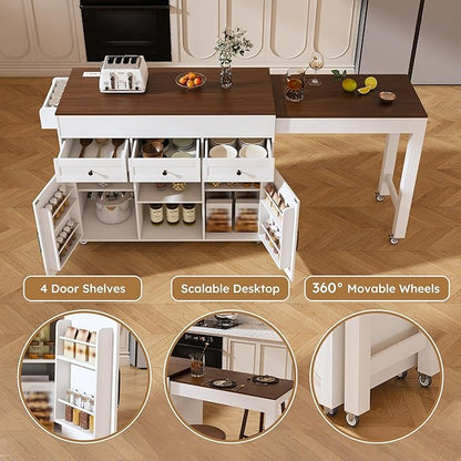 74.8" Kitchen Island with Extendable Dining Table & Power Outlet - Rolling Storage Cart on Wheels with 3 Drawers & 2 Door Cabinet for Dining Room