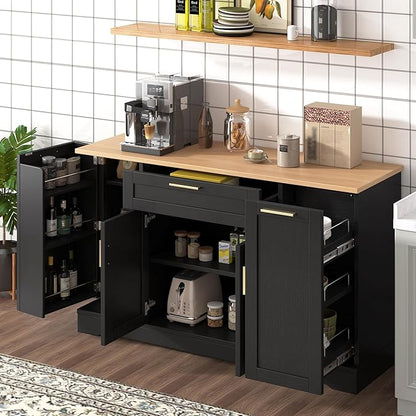 Multi-Functional Storage Sideboard, Extendable Dining Table, Adjustable Shelves, 3-Tier Pull-Out Rack, Kitchen Island Storage for Kitchen, Dining Room, Living Room, Black
