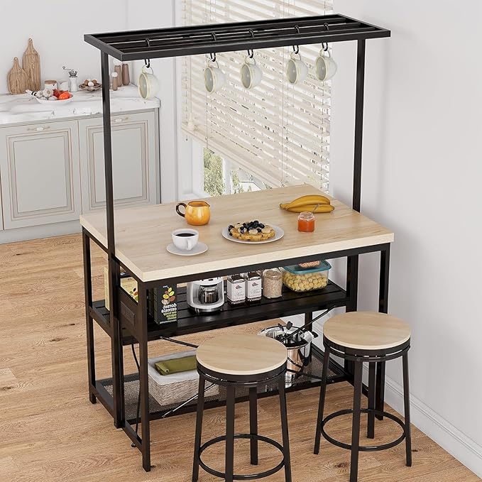 IDEALHOUSE 47" Kitchen Island with Power Outlet - 3-Tier Bakers Rack & Microwave Stand, Metal Coffee Bar Table for Kitchen, Dining & Living Room, Large Mobile Storage Cart