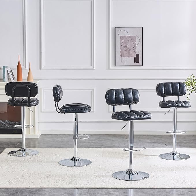 Set of 2 Adjustable Height Bar Stools, Black PU Leather Upholstered with Chrome Base & Footrest, Modern Comfortable Stools for Kitchen Island, Home Bar, Game Room & Office Break Area
