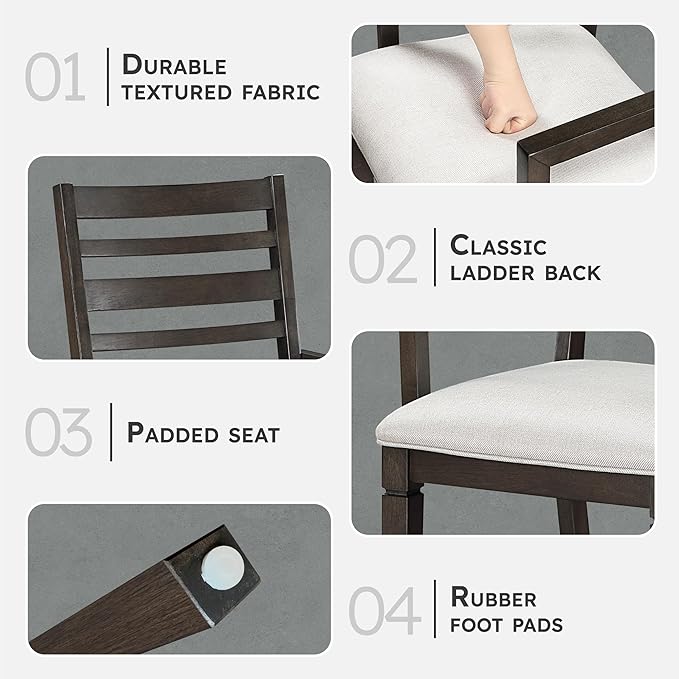 Lexicon Dining Arm Chairs Set of 2, Wood Frame and Beige Textured Fabric Upholstered Seat, Ladder Back, Accent Seating with Arms for Dining Room, Kitchen Table, Office, Easy Assembly, Dark Espresso