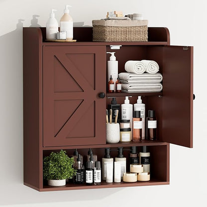 EasyCom 22" W x 26" H Bathroom Wall Cabinet, Farmhouse Medicine Cabinet with Adjustable Shelves and 2 Barn Doors, Over The Toilet Storage Cabinet for Bathroom, Kitchen, Living Room, Russet