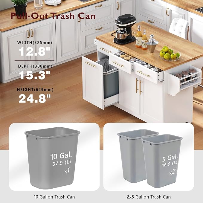 JIJIWANG 59.3" Kitchen Island with Storage 2 Pull Out Cabinet Organizers & Rubber Wood Drop Leaf, Rolling Island with Trash Can Storage, Power Outlet, Spice & Towel Rack for Kitchen, Dining, White