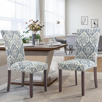 COLAMY Upholstered Parsons Dining Chairs Set of 6, Fabric Dining Room Kitchen Side Chair with Nailhead Trim and Wood Legs - Blue/White Flower