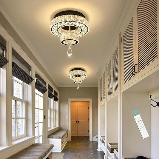 HAIXIANG Modern Flush Ceiling Chandelier Bedroom Light Fixtures Crystal Flat Sloping Ceiling Lights for Hallway Kitchen Dining Room Dimmable Light with Remote Black