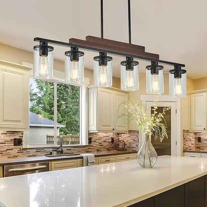 Kitchen Island Light Fixture/Chandelier Over Table,Farmhouse Black Rustic Wood Hanging Light Fixtures for Dining Room with 6 Glass Shade