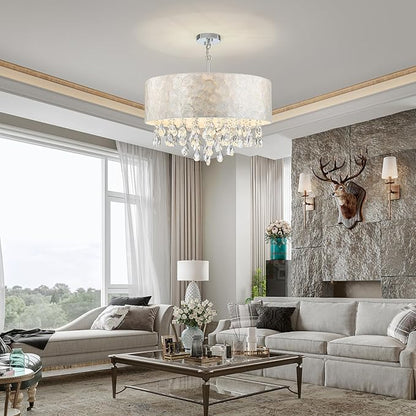 LumFurn X-Large 6-Light Drum Capiz Shell Crystal Chandeliers, Coastal Style Pendant Light Fixture for Dining Room, Living Room, D24 x H23~71 inch(Adjustable), Shell Lampshade & Chrome Finish