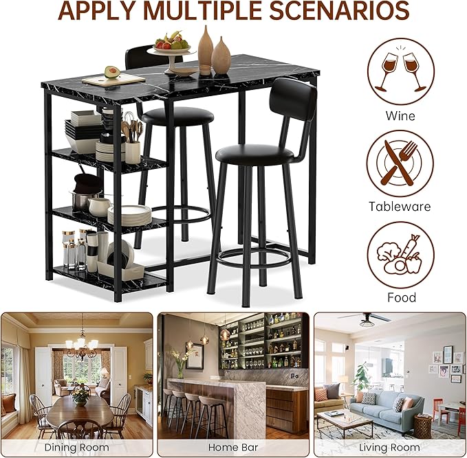 DKLGG Dining Table Set for 2, Counter Height Bar Table Set with Storage ＆ Stools, High Top Pub Table and Chairs for Kitchen, Dining Room, Sofa Side, Apartment, Breakfast Nook, Black