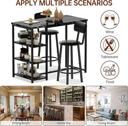 Recaceik Pub Dining Table Set for 2, Table and Bar Stools with 3 Storage Shelves, MDF Board & PU Leather Backrest Chairs, 3 Piece Dining Set for Small Space, Apartment, Kitchen Island, Black