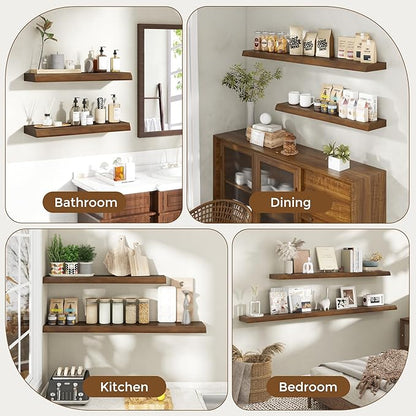 RICHFOCUS Live Edge Wood Floating Shelves for Wall 36" Natural Solid Wood Wall Mounted Shelf|8 Inch Deep Wooden Floating Shelves with Invisible Bracket for Bathroom Kitchen Room|2Pcs, Walnut
