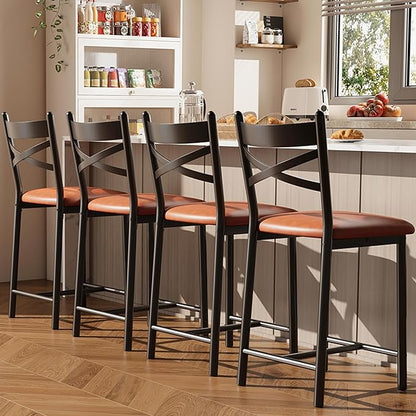 Garvee 26 Inch Bar Stools Set of 4, Counter Height Bar Chairs with Back and Thick Cushion, Upholstered Dining Chairs with Padded Seat, Barstools for Kitchen Island, Bar, Dining Room, Modern Brown