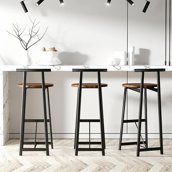 3-Piece Counter Height Bar Stool Set - Armless Back Stools for Kitchen Island (Walnut Brown + MDF + Modern)