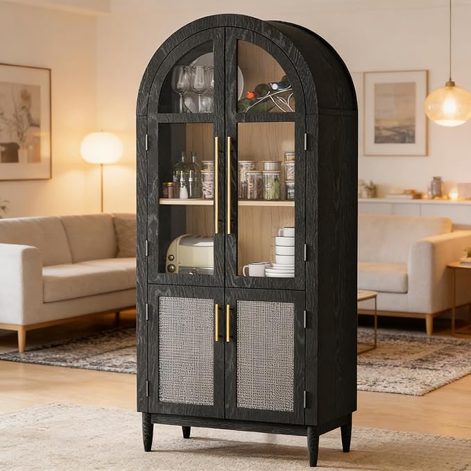 71”Arched Storage Cabinet with Glass & Rattan Door 5-Tier Farmhouse Kitchen Arch Cabinets with Adjustable Feet for Living Room, Black