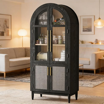 71”Arched Storage Cabinet with Glass & Rattan Door 5-Tier Farmhouse Kitchen Arch Cabinets with Adjustable Feet for Living Room, Black