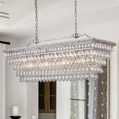 Wellmet Dining Room Crystal Rectangle Chandelier, 48 Inch Antique Silver, 9 Lights Farmhouse Chandelier for High Ceiling, Kitchen Island, Living Room, Entryway