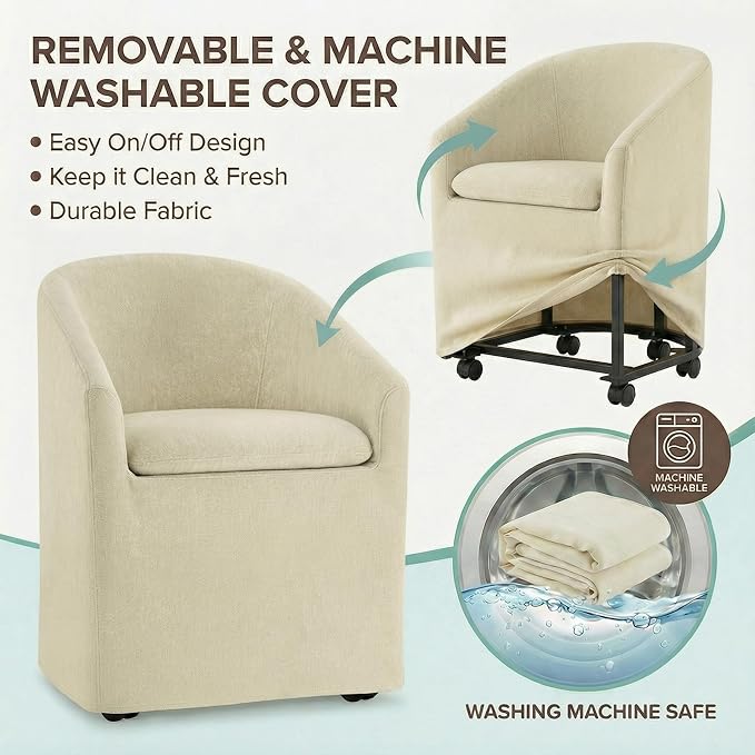 KISLOT Upholstered Dining Chairs with Casters, Washable Cover Modern Dining Room Chairs with Barrel Backrest & Dual Armrest for Kitchen, Living Room, Bedroom, Sand Fabric, 2PCS