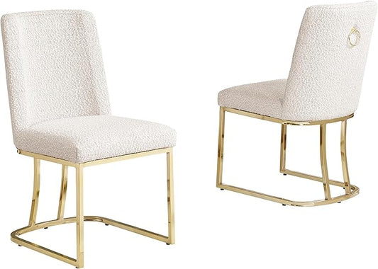 Modern Chairs Set of 2, Chrome Side Chairs & Counter Stools with Ring Pull Back, Luxury Upholstered Chairs for Kitchen Island, Dining Room & Home Bar (Boucle, Cream/Gold, Side Chair)
