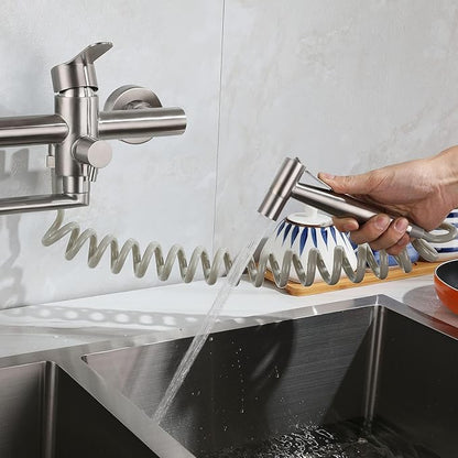 Wall Mount Kitchen Sink Faucet with Side Sprayer, Commercial Faucet, Nickel Brushed Unility Sink Faucet, Mixer Tap, 7.7-8.3 Inches Center, Spout Reach 9.2"