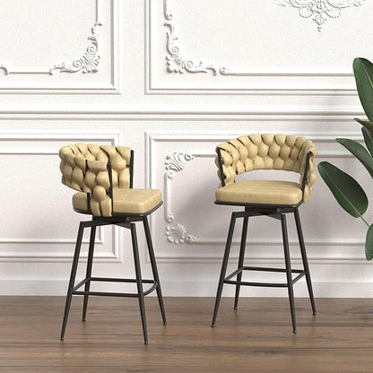 28" Technical Leather Woven Bar Stool Set of 2,Black Legs Barstools No Adjustable Kitchen Island Chairs,360 Swivel Bar Stools,for Living Room