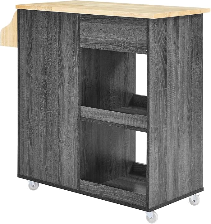 Modway Culinary Rolling Kitchen Cart with Storage in Charcoal Natural - 3 Tiers Kitchen Island on Wheels with Spice Rack, Functional as a Coffee Station, Bar Cabinet or Butcher Block Island