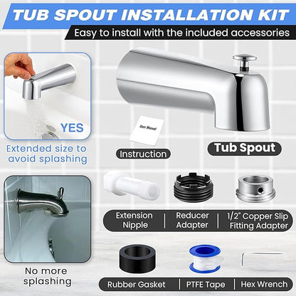 Dreyoo 7 Inch Tub Spout (Universal Fits 1/2" Copper Pipe, 1/2" IPS and 3/4" IPS), Bathroom Bathtub Faucet with Adapters and Hex Wrench (Chrome,with Diverter)
