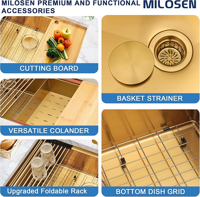 MILOSEN 33 Inch Gold Undermount Kitchen Sink,33" x 19" Gold Stainless Steel Sinks, Single Bowl Workstation Sink with Custom Accessories, Handmade Under Counter Design, 9'' Large and Deep Kitchen Sinks