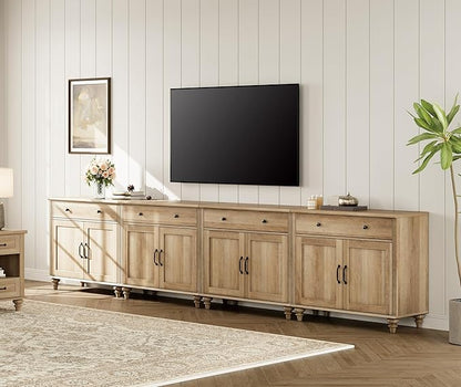 WAMPAT Large Buffet Cabinet with 8 Doors and 4 Drawers, Modern Coffee Bar Table Wood Kitchen Storage Cabinets, Farmhouse Sideboard Credenza for Dining Room, Oak, 134 inch