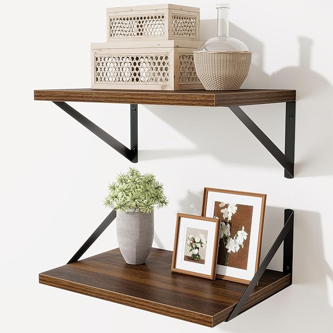 Acovy Deep Floating Shelves,16" Wx10 D Floating Shelves for Wall Set of 2,Heavy Duty Wood Floating Shelf with Metal Bracket,Wall Mounted Hanging Shelf for Living Room Bedroom Bathroom Kitchen,Walnut
