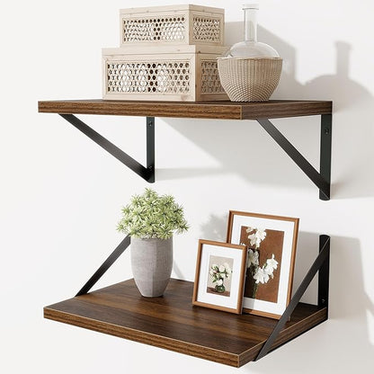 Acovy Deep Floating Shelves,16" Wx10 D Floating Shelves for Wall Set of 2,Heavy Duty Wood Floating Shelf with Metal Bracket,Wall Mounted Hanging Shelf for Living Room Bedroom Bathroom Kitchen,Walnut