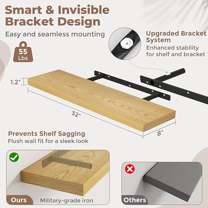 32 Inch Floating Shelves for Wall Set of 2, 8"D Wood Grain Bathroom Shelves with Invisible Brackets, Easy Install Engineered Wood Storage Shelves for Kitchen, Living Room, Bedroom, Oak Finish