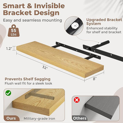 32 Inch Floating Shelves for Wall Set of 2, 8"D Wood Grain Bathroom Shelves with Invisible Brackets, Easy Install Engineered Wood Storage Shelves for Kitchen, Living Room, Bedroom, Oak Finish
