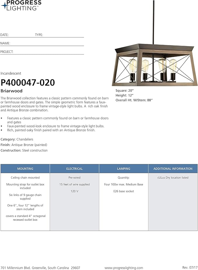 Progress Lighting 4-Light Chandelier, Rustic Farmhouse Style Modern Hanging Light Fixture for Kitchen and Dining Room, Briarwood Collection, Antique Bronze