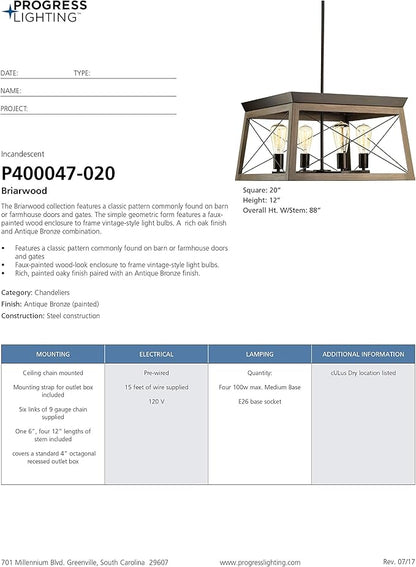Progress Lighting 4-Light Chandelier, Rustic Farmhouse Style Modern Hanging Light Fixture for Kitchen and Dining Room, Briarwood Collection, Antique Bronze