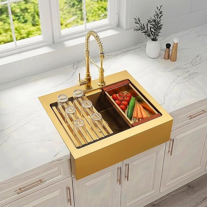 28 Inch Farmhouse Gold Sink, 16 Gauge 304 Stainless Steel Farm Sinks, Drop In Topmount Single Bowl Workstation Sink with all Accessories, 28" x 22" x 10" Deep Kitchen Sink