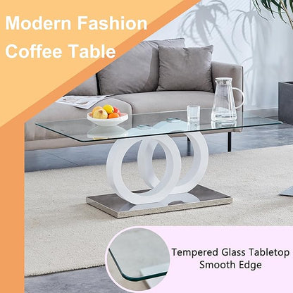 Glass Coffee Table for Living Room, 47" Modern Rectangle Coffee Tables with Tempered Glass Top and Unique Wooden Base, Clear Center Table for Living Room, Apartment, Office