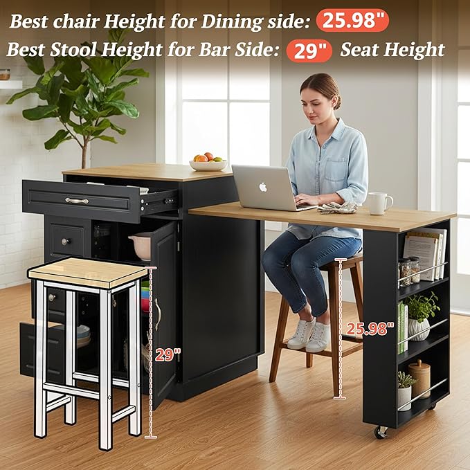 73” Kitchen Island with Extendable Dining Table, Multifunctional Wine Cabinet with 1 Door, 5 Drawers, Open Side Shelves, Wine Rack, Stemware Holder, Rolling Wheels, Chairs Not Include, Black+Natural