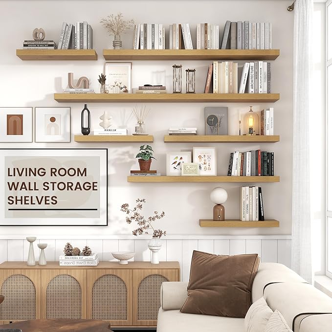 Venusmiles Floating Shelves for Wall, Engineered Wood Wall Shelves with Invisible Brackets for Living Room Bedroom Bathroom Office Kitchen Decor and Storage (Oak, 55" W x 9" D x 1.5" H) Set of 1