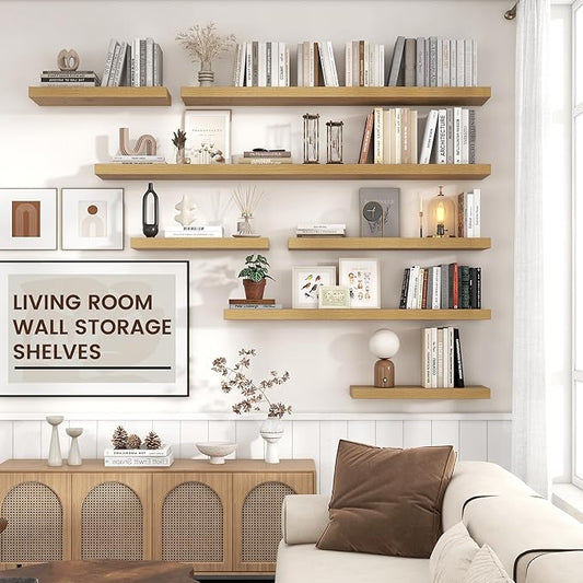 Venusmiles Floating Shelves for Wall, Engineered Wood Wall Shelves with Invisible Brackets for Living Room Bedroom Bathroom Office Kitchen Decor and Storage (Oak, 24" W x 9" D x 1.5" H) Set of 2