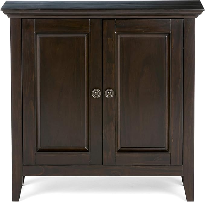 SIMPLIHOME Amherst 32-inch Wide Solid Wood Transitional-Style Low Storage Cabinet in Hickory Brown for Living Room, Entryway, or Dining Area with Adjustable Shelves
