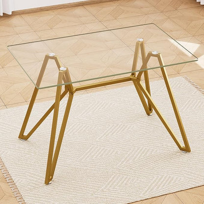 SSLine 47.3" Rectangle Glass Dining Table for 4 Modern Clear Glass Tabletop Kitchen Table for 4 Luxury Dinner Tables with Gold Nest Metal Base for Home Kitchen Dining Room(Table Only)