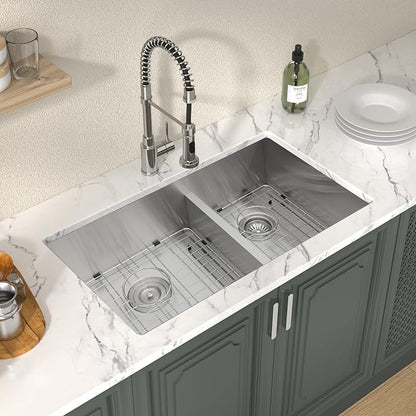 Lordear 32 Inch Undermount Double Bowl Kitchen Sink 16 Gauge Stainless Steel with Smart Low Divider 32x19 Inch Double Basin Kitchen Sinks 60/40 Handmade
