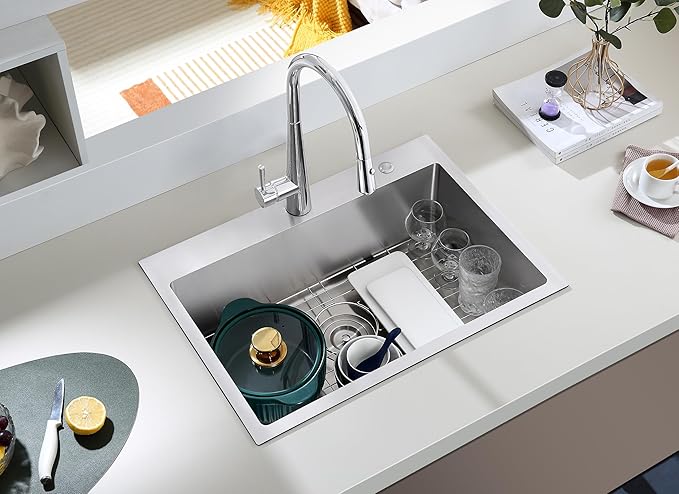27 Inch Drop in Kitchen Sink - MENATT 18 Gauge Stainless Steel 2 Holes Single Bowl Topmount Kitchen Sink Basin Drop in with Drain Strainer & Grid, Brushed
