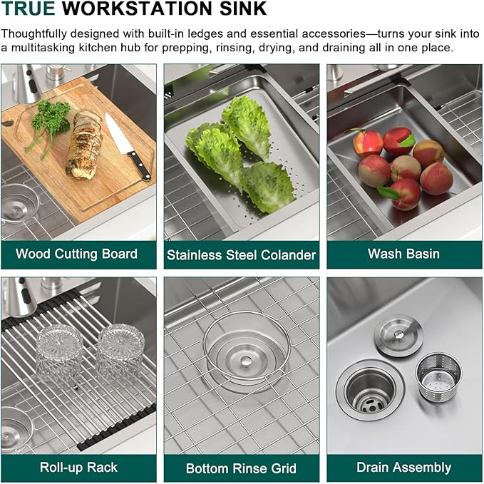 33 Inch Drop-In Single Bowl Kitchen Sink with Faucet, 16 Gauge 304 Stainless Steel Workstation All-In One Sink with Waterfall & Rainfall Outlet, Five-Hole Design, Cup Washer #TLWF-0026