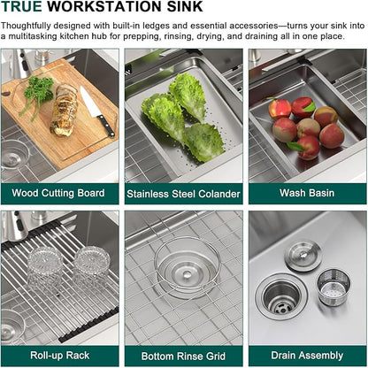 33 Inch Drop-In Single Bowl Kitchen Sink with Faucet, 16 Gauge 304 Stainless Steel Workstation All-In One Sink with Waterfall & Rainfall Outlet, Five-Hole Design, Cup Washer #TLWF-0026