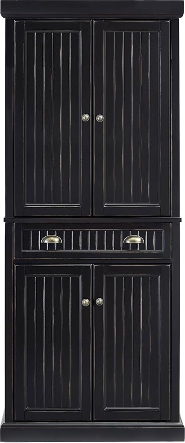 Crosley Furniture Seaside Coastal Pantry Storage Cabinet with Shelves, Kitchen, Dining, or Laundry Room, Distressed Black